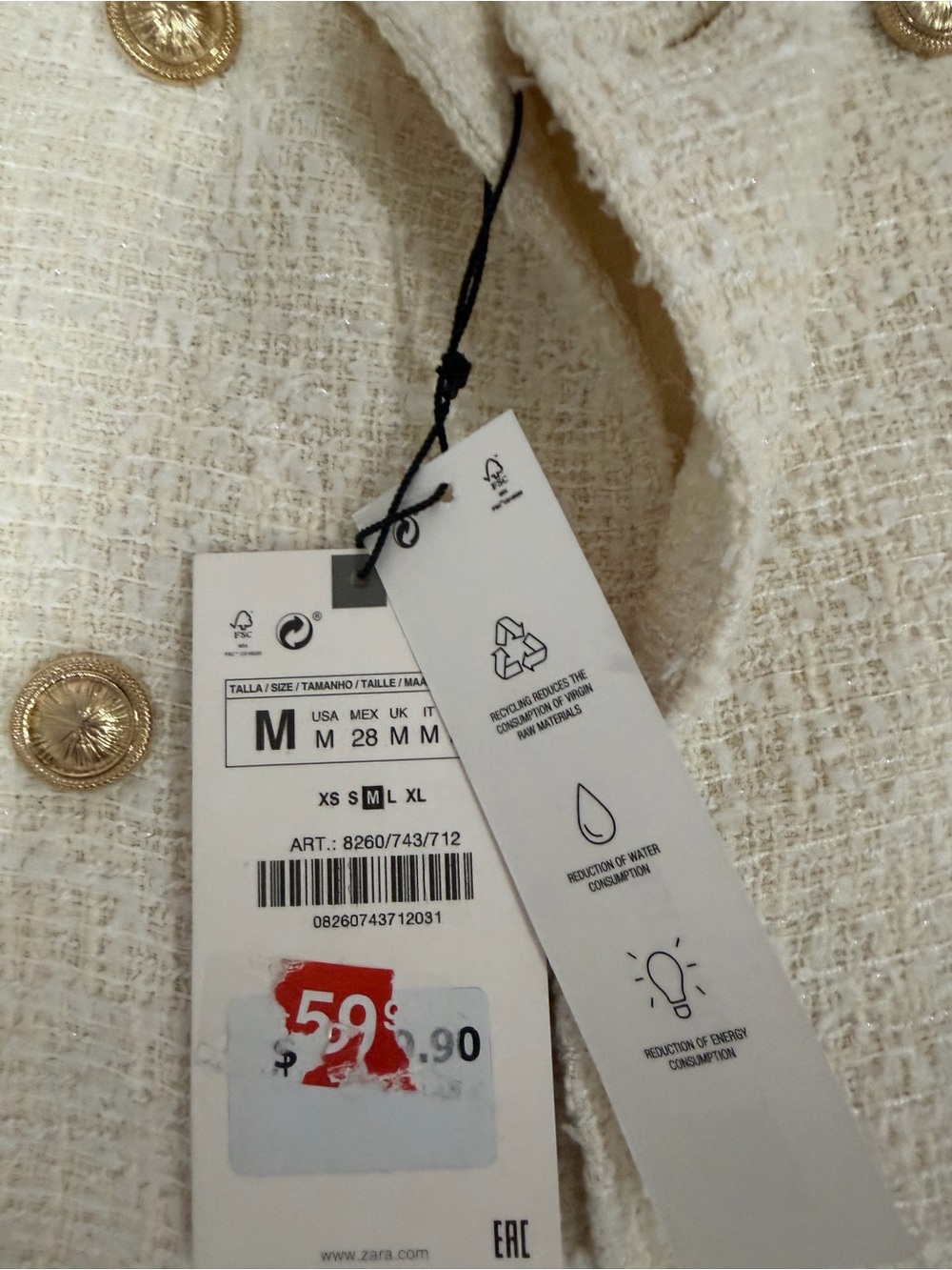 Zara Boucle tweed Double-Breasted Blazer Jacket with Gold Buttons NEW WITH TAGS - Picture 2 of 3